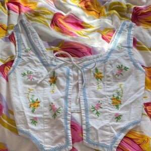 Olivaceous White Floral Embroidered Tie-Front Blouse